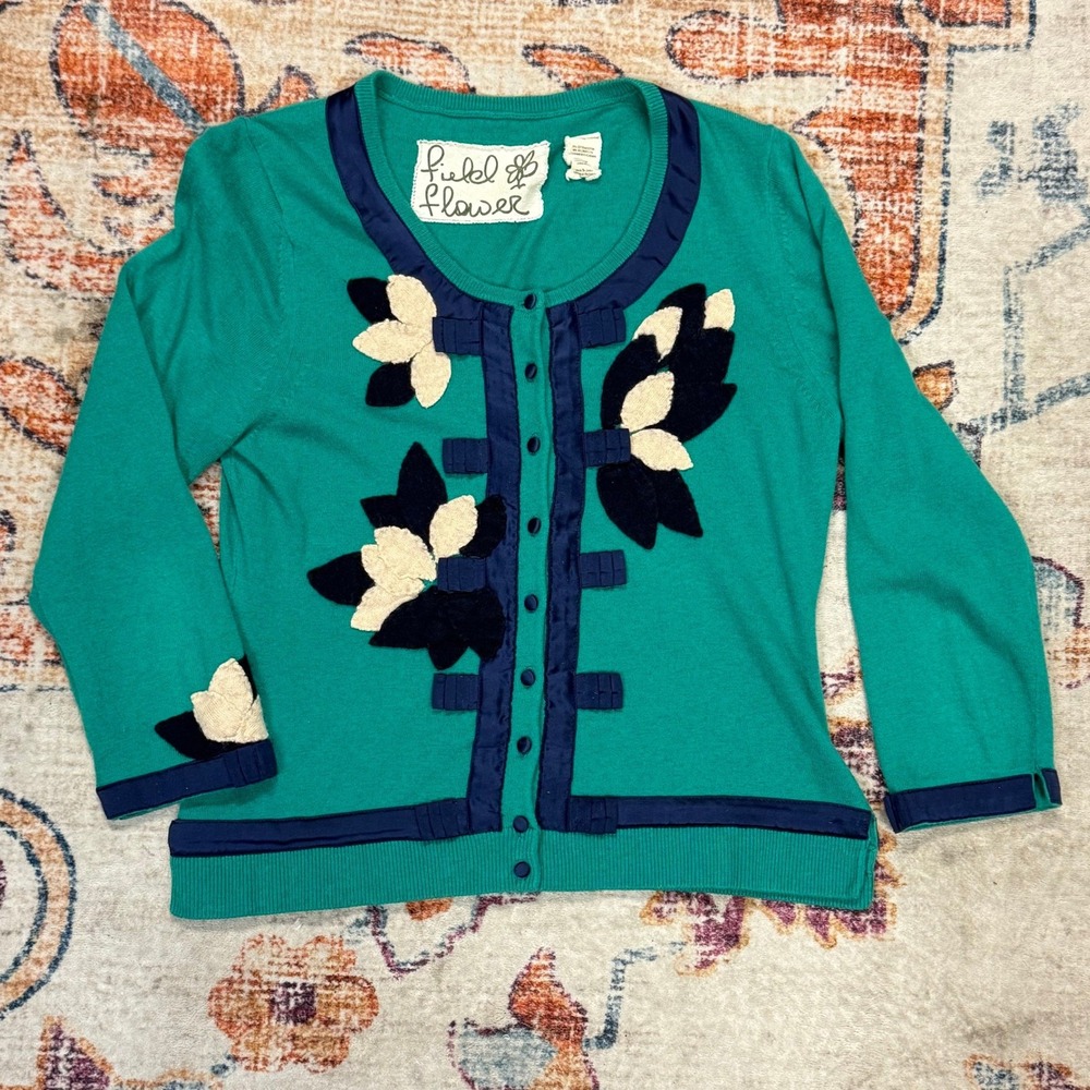 Field Flower Anthropologie Teal Green Floral Applique Ribbon Cardigan‎ Sweater M